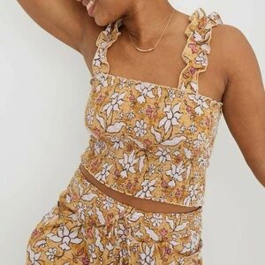 Aerie Yellow Floral Printed Jungle Thrills Smocked Cropped Tank Top Size XS